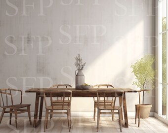 May include: A wooden dining table with four chairs, a vase with dried flowers, and a bowl of fruit. The table is set with a white tablecloth and a centerpiece of a vase with dried flowers and a bowl of fruit. The chairs are made of wood and have a simple design. The table is in a room with a white wall and a window. The room is decorated with a simple, modern style.