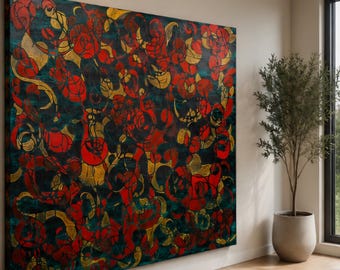 Becoming | Large Original Abstract Painting | 40x60 Acrylic on Canvas | Contemporary Statement Art | Red Teal Gold Wall Art