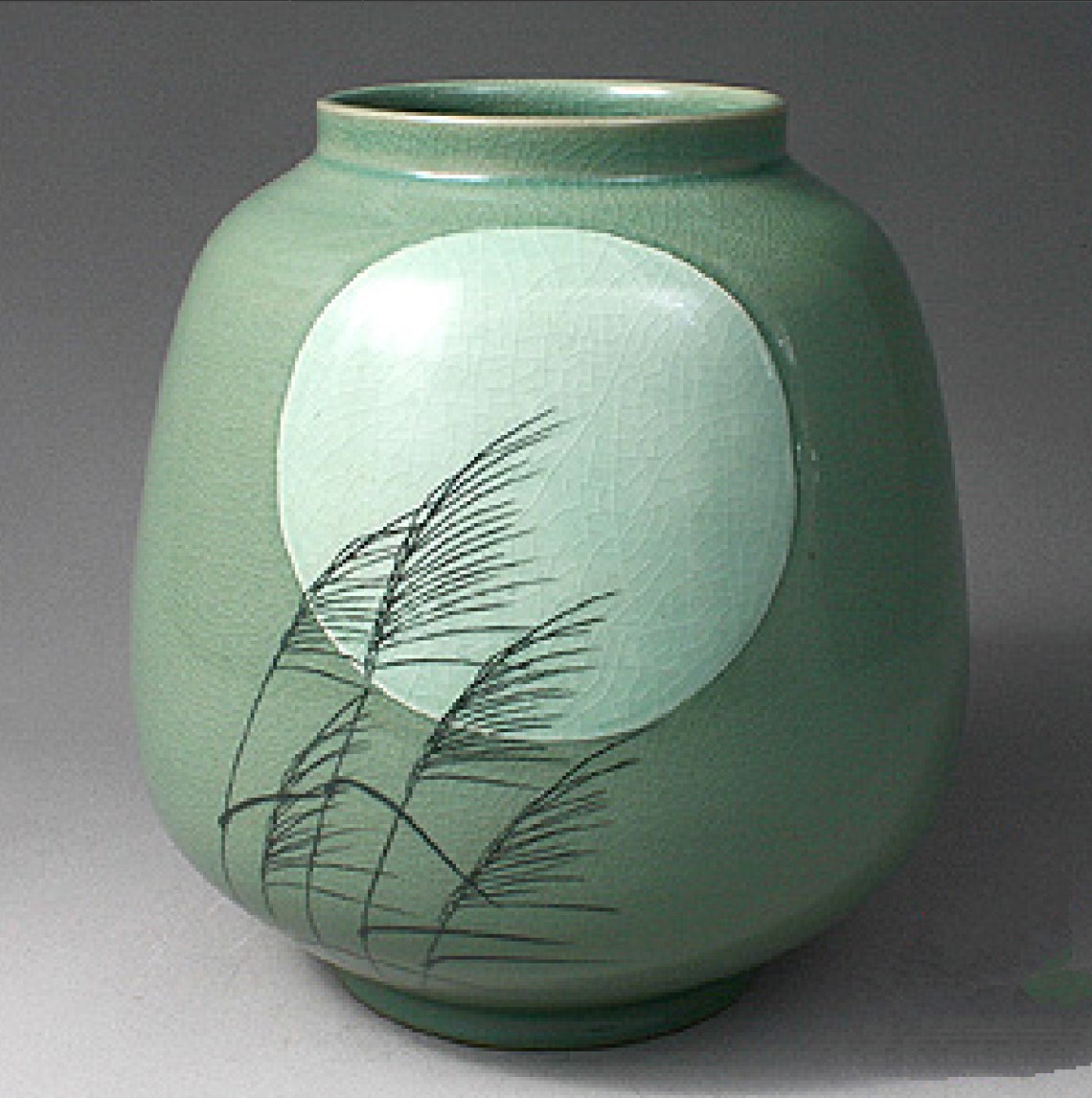 Korean Celadon Green Vase With Moon and Reed Drawings Korean Joseon