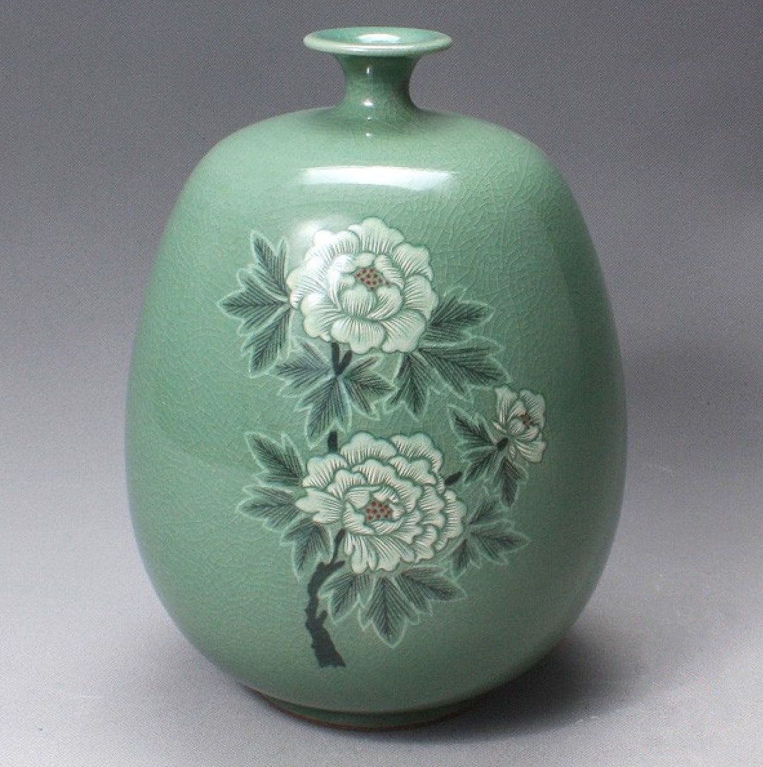Korean Celadon Vase H 9.8 Delicate Peony Flower - Etsy Korean Celadon Vase H 9.8  Delicate Peony Flower - Etsy