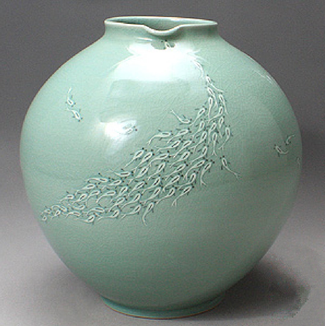 Korean Celadon Vase Fish Artwork Large Round Jade Vase Etsy