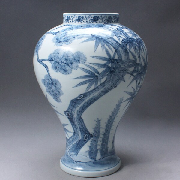 Handcraft Korean Porcelain - White and Blue - Pine Tree and Bamboo Drawings - Luxury Artwork Large Vase Pottery - Oriental Room Decor Accent