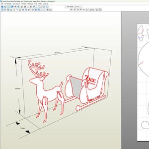 Peut inclure: Un dessin au trait rouge d'un renne tirant un traîneau avec le mot "ZACH" sur le côté. Le dessin est sur un fond blanc avec un motif de grille. Le renne se tient sur une plateforme avec des mesures en centimètres.