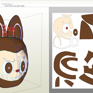 Puede incluir: Un modelo 3D de un personaje de dibujos animados marrón y blanco con ojos grandes y una amplia sonrisa. El personaje tiene orejas grandes y una cabeza redonda. El modelo está dividido en piezas separadas para imprimir.