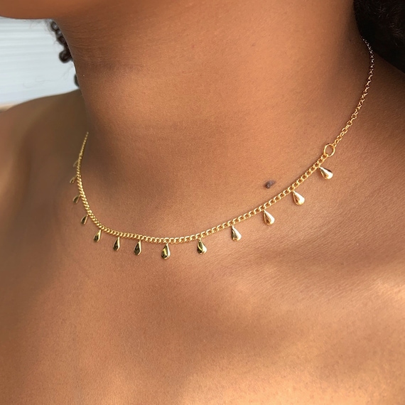 Dainty Gold Drop Chain Necklace Dew Drop Choker Prom Jewellery Best Friend Gift Modern Necklace Everyday Choker Shiny Gold Necklace Etsy