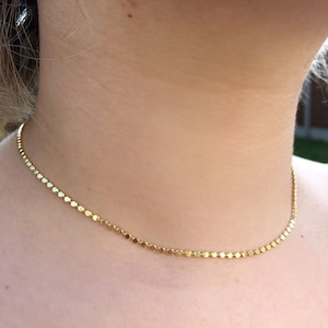 May include: A gold chain necklace with small round links. The necklace is worn by a person, but the person's face is not visible.