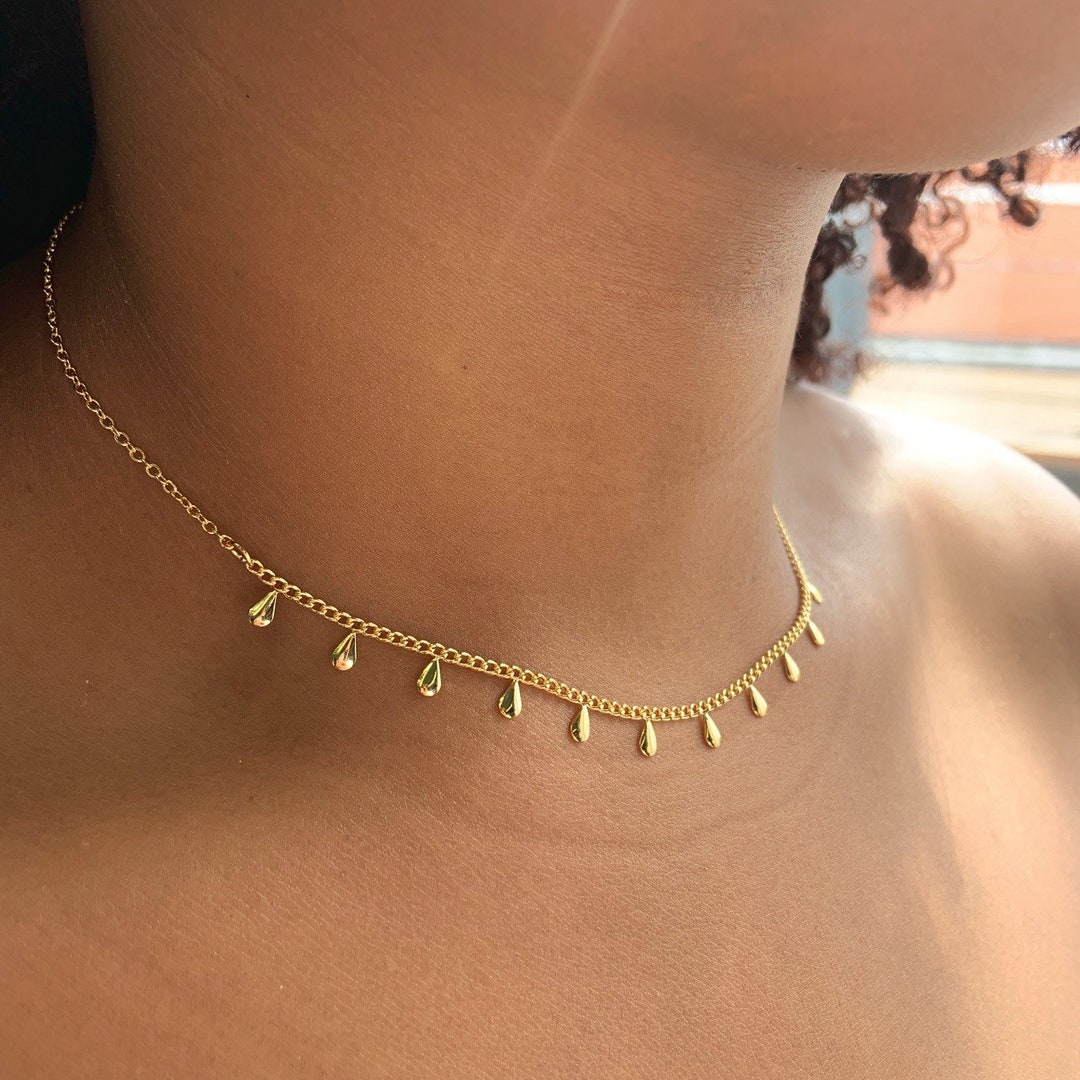 Dainty Gold Drop Chain Necklace, Dew Drop Choker, Prom