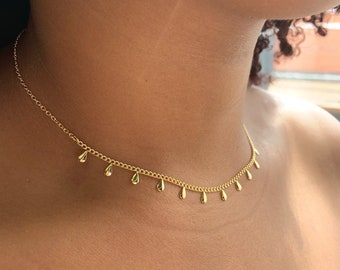 Dainty gold drop chain necklace, dew drop choker, prom jewellery, best friend gift, modern necklace, everyday choker, shiny gold necklace