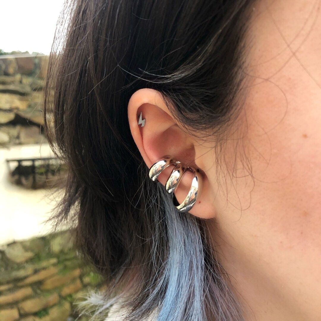 Statement Silver Triple Ear Cuff, Rounded Ear Cuff, Slip on Ear Cuff