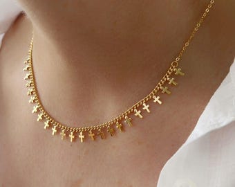 Gold Cross Charms Choker Necklace - Dainty Layered Faith Necklaces - Minimalist Cross Jewellery Gift - Religious Jewelry