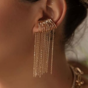 Long Dangle Chain Huggie Ear Cuff - Unique Handcrafted Jewelry - Gold Plated Earrings