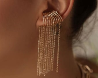 Long Dangle Chain Huggie Ear Cuff - Unique Handcrafted Jewelry - Gold Plated Earrings