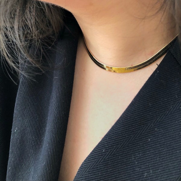 Collier tour de cou en chaîne serpent doré, collier plat à grosses mailles, chaîne en couches, collier simple, bijoux élégants