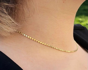 Dainty gold plated disc chain choker necklace, flat ball chain, disc chain choker, gold sequin necklace, delicate choker, gift for her