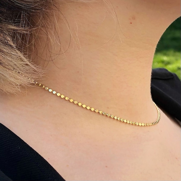 Dainty gold plated disc chain choker necklace, flat ball chain, disc chain choker, gold sequin necklace, delicate choker, gift for her