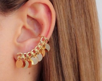 Gold Ear Cuff Climber Earrings: Chain & Dot Ear Sweep