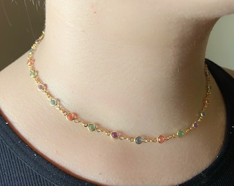 Gold Plated Dainty Colored Stones Choker Necklace - Elegance with a Pop of Color - Rainbow Necklace - Multicolored Jewellery - Summer Choker