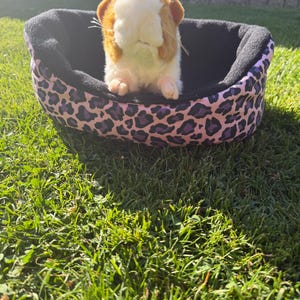 Peut inclure: Une peluche de cochon d'Inde au pelage blanc et marron, installée dans un petit panier ovale pour animal. Le panier présente une doublure intérieure noire et un motif extérieur de taches de léopard violettes et noires sur fond rose clair.