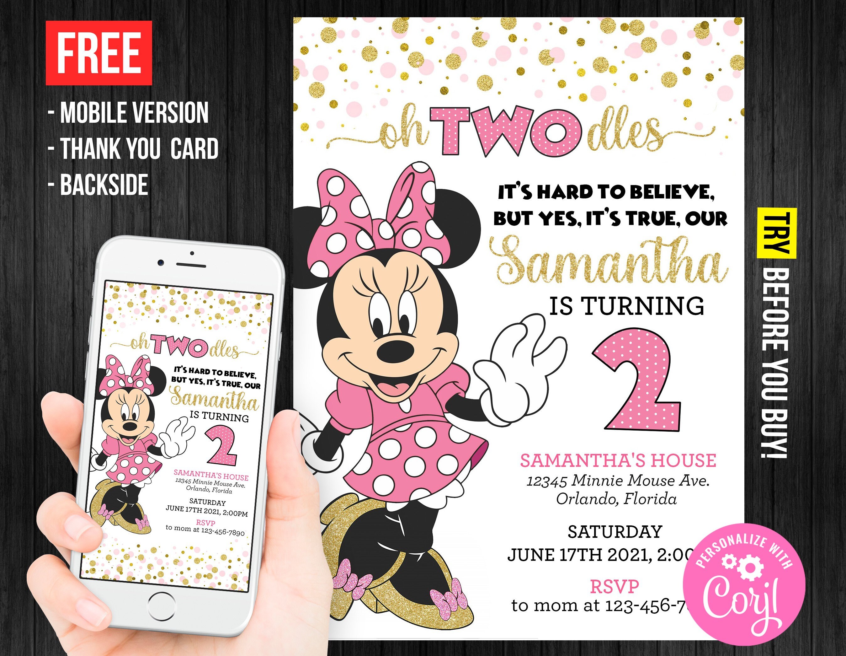 Oh Twodles Minnie Mouse Second Birthday Invitation Girl Etsy
