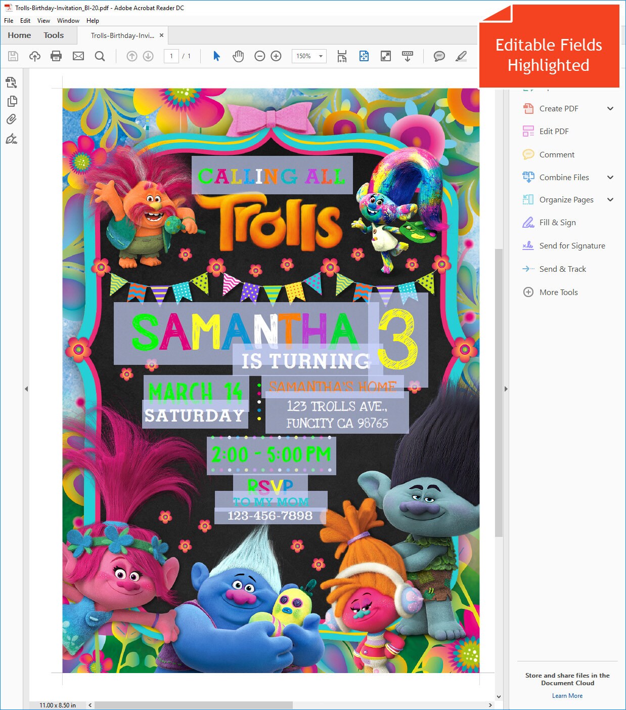 Trolls Birthday Girl Party Invitation Party Editable Template Etsy
