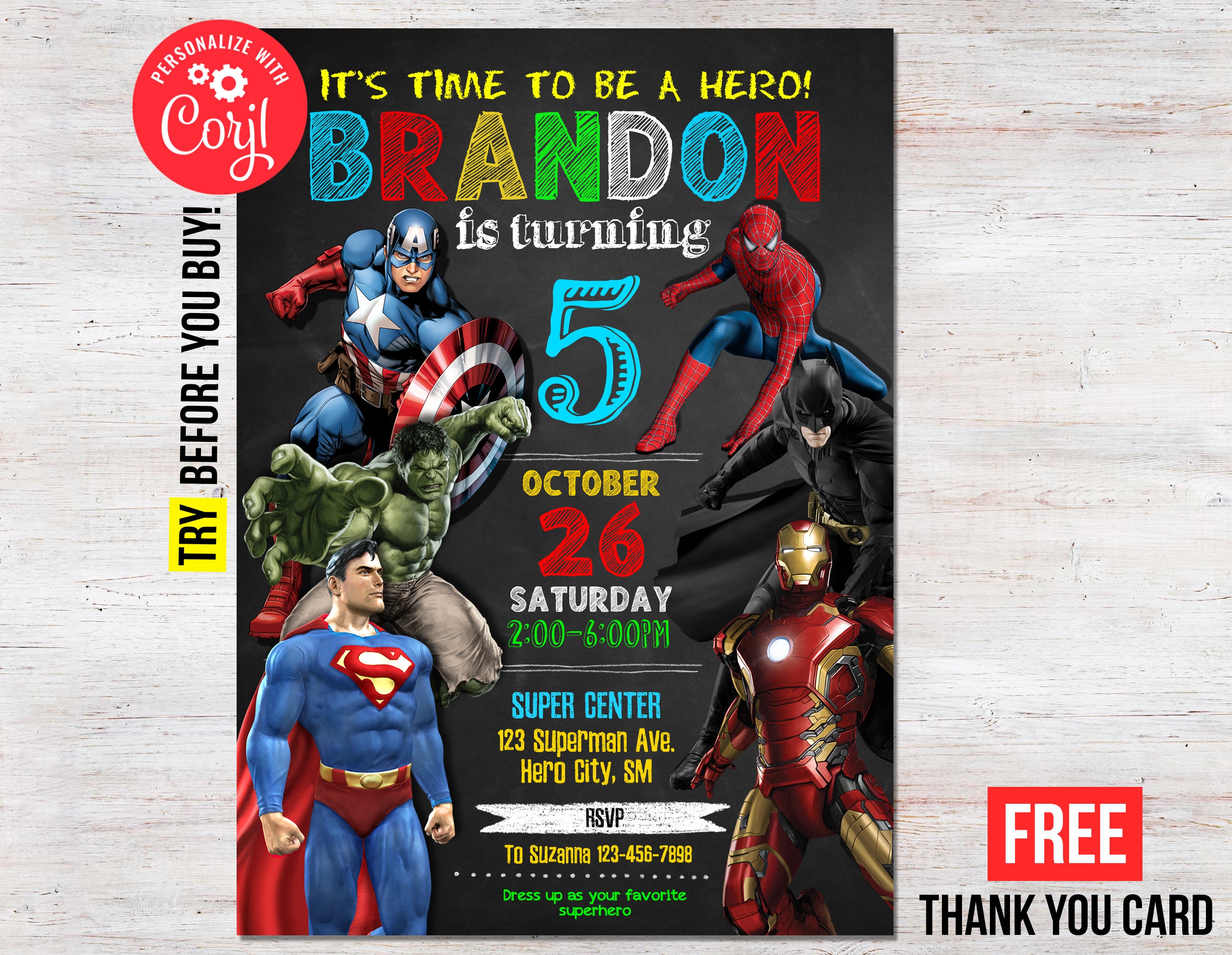 Superhero Birthday Invitation Boy Editable Template Avengers Etsy