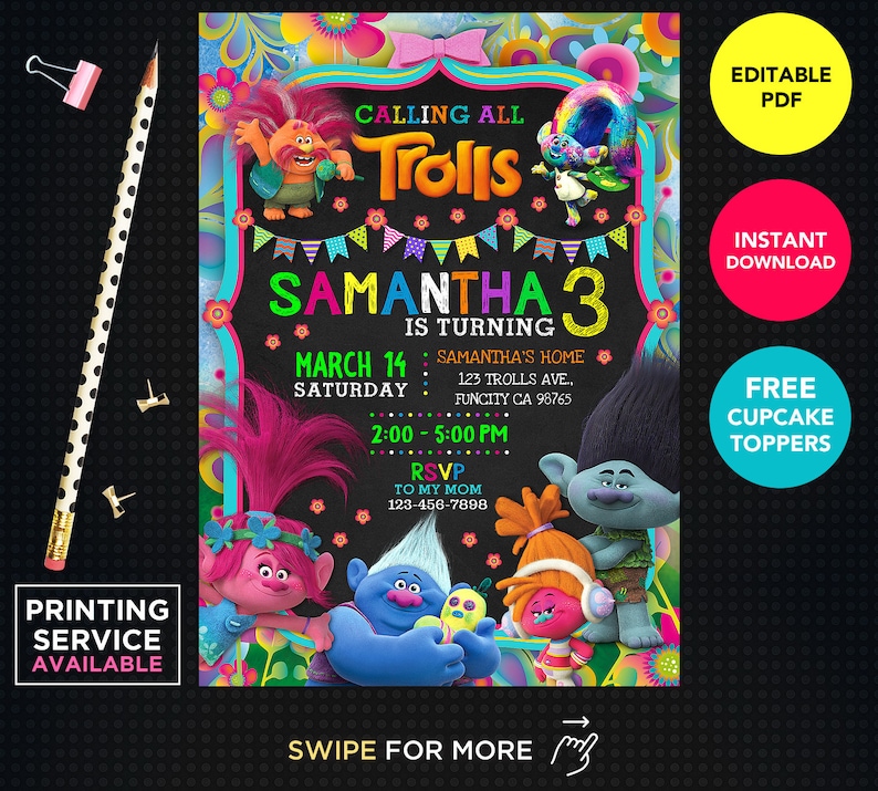 Trolls Birthday Girl Party Invitation Party Editable Template Etsy