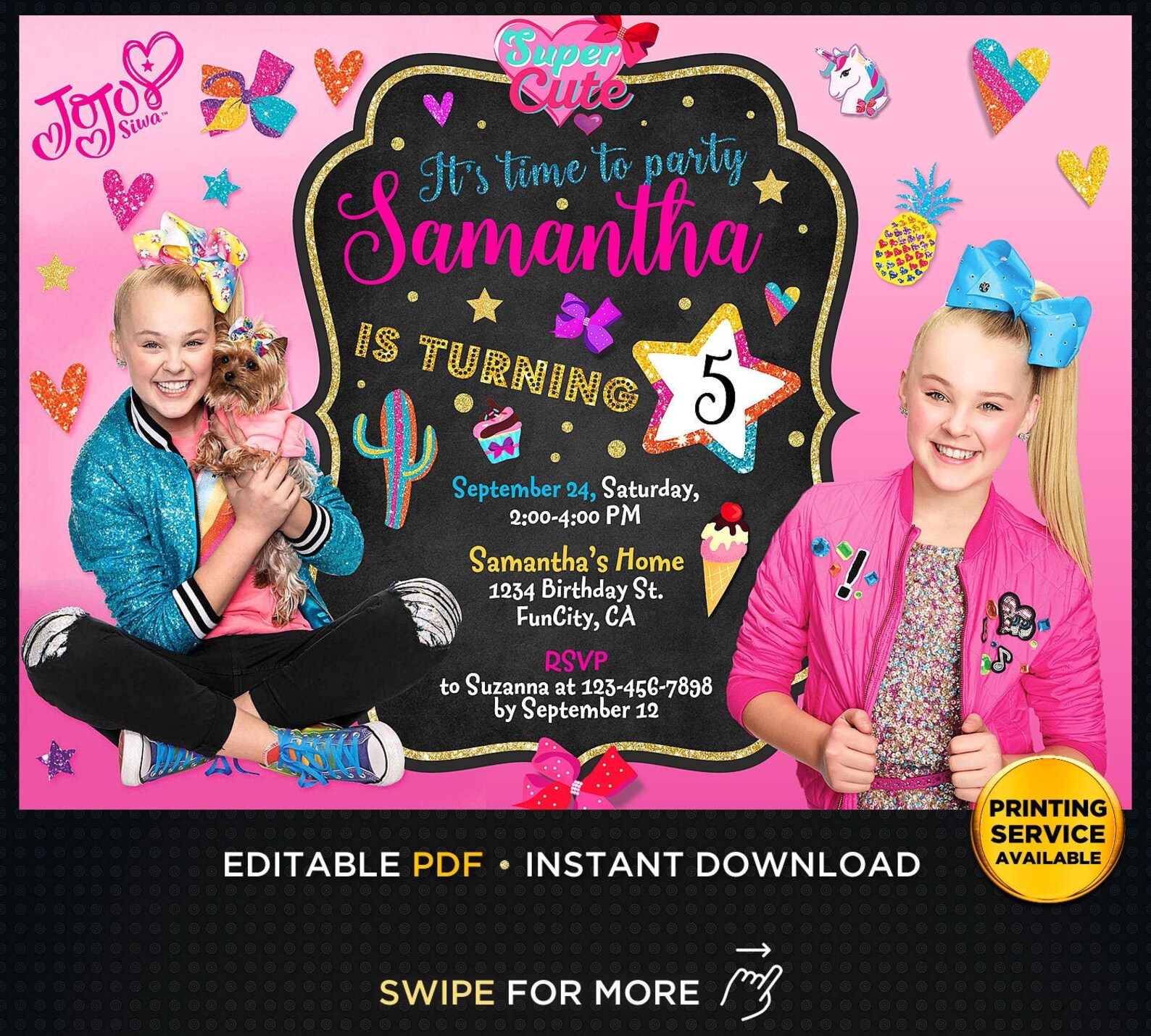 Jojo Siwa Birthday Invitation Girl Editable Template Custom | Etsy