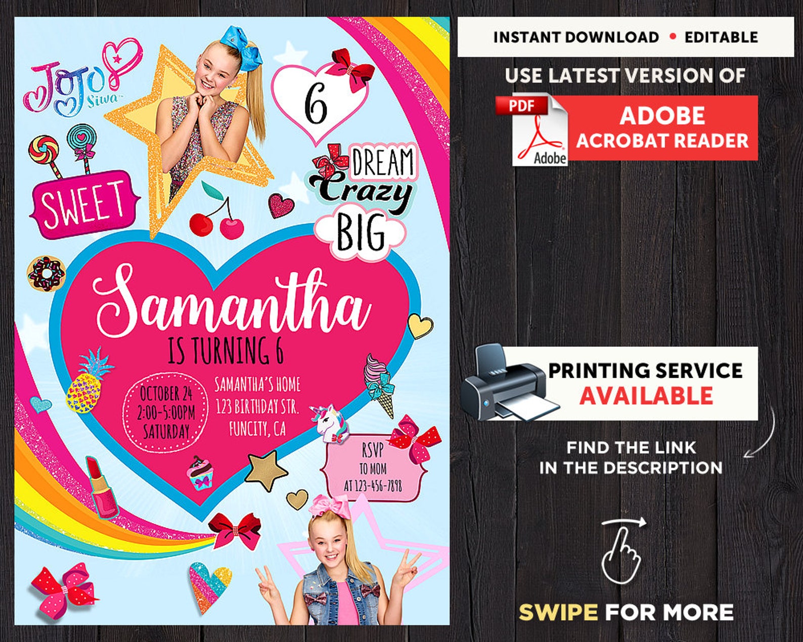 Jojo Siwa Birthday Invitation Girl Editable Template Custom | Etsy