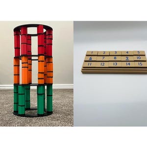 May include: A colorful wooden tower with red, orange, and green columns, and a wooden number board with the numbers 1-15. The tower is made of stacked, hexagonal columns. The number board has numbers printed in blue.