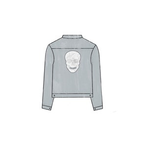 May include: A light gray denim jacket with a white skull design on the back.