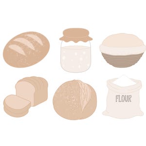 May include: Illustration of various baked goods and baking ingredients. Includes a loaf of bread, a jar, a bowl of dough, sliced bread, a round loaf, and a bag of flour with the word "FLOUR" printed on it. All items are in shades of brown and beige.