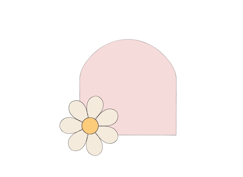 May include: A pink arched shape with a white daisy with a yellow centre.