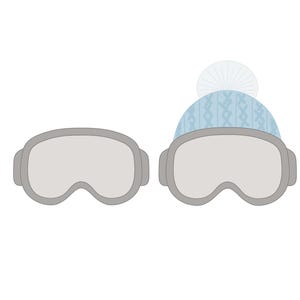 May include: A pair of gray ski goggles with a light blue knitted hat with a white pom-pom on top.