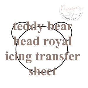 May include: A black and white image of a teddy bear head outline with the text "teddy bear head royal icing transfer sheet" in brown text.