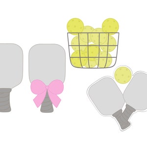 Pickleball Cookie Cutters, Racket, Racket with Bow, Basket of Balls, or Double Paddle with Ball