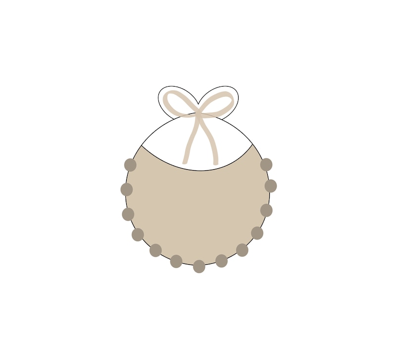 May include: A beige baby bib with a white trim and a brown bow. The bib has a circle of brown dots around the edge.
