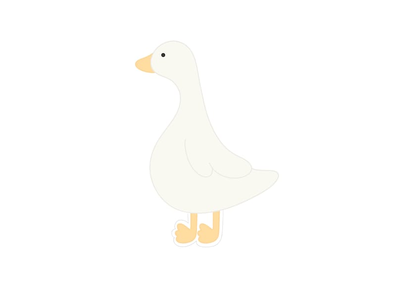May include: A white goose with a yellow beak and feet. The goose is standing on a white background.