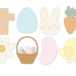 May include: A set of Easter-themed illustrations featuring a cross, a blue egg, a bunny, a carrot, a daisy, a basket with eggs and a bunny, a pink jelly bean, and a yellow chick.