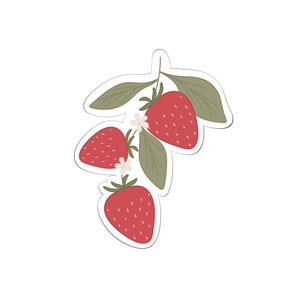 May include: A cluster of three red strawberries with white flowers and green leaves on a white background.