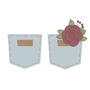 May include: Two blue denim pockets with brown fabric patches. One pocket has a red rose with green leaves and red berries.