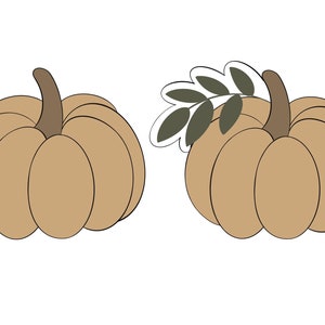 May include: Two brown pumpkins with a green leaf on one of them. The pumpkins are drawn in a simple cartoon style.