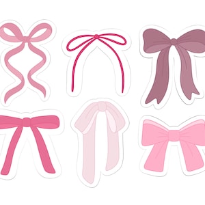May include: Set of six pink, purple, and red ribbon bows with different shapes and sizes. The bows are isolated on a white background.