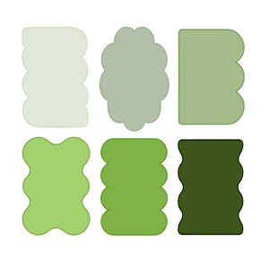 Pode incluir: Seis molduras de diferentes formas em vários tons de verde. As molduras são todas delineadas em preto e têm uma borda ondulada.