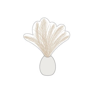 May include: A vase with a light gray, oval-shaped body and a bouquet of dried, beige pampas grass.