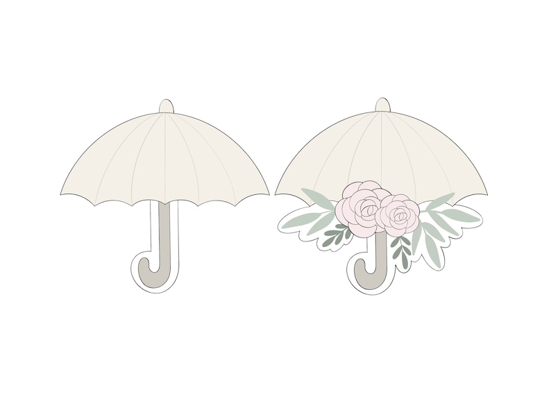 May include: Two white umbrellas, one with a floral arrangement of pink roses and green leaves.
