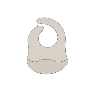 May include: A light gray silicone baby bib with a rounded neckline and a curved bottom edge.
