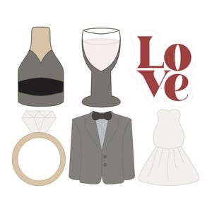 Bridal Mini Cookie Cutters, Champagne Bottle, Champagne Glass, Love, Ring, Suit Coat, Dress