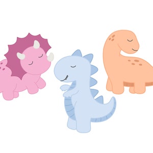 May include: Three cartoon dinosaurs in different colors and poses. A pink triceratops, a blue dinosaur, and an orange brachiosaurus.