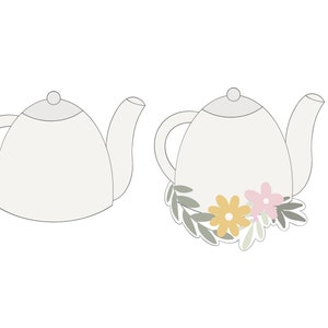May include: Two white teapots, one with a floral design of yellow and pink flowers and green leaves.