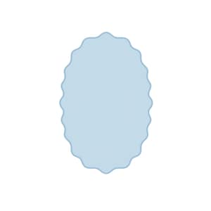 May include: A light blue, oval-shaped design with a scalloped edge, set against a white background. The shape is a solid color, with a simple, clean aesthetic. The design is symmetrical and centered.